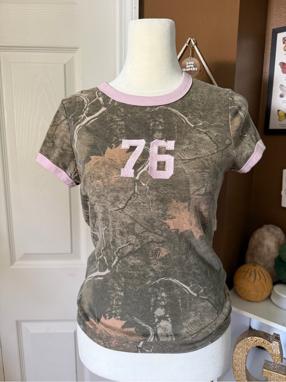 Orange Kiss Camouflage '76' Ringer Tee with Pink Trim Trendy Summer T-shirt / S
